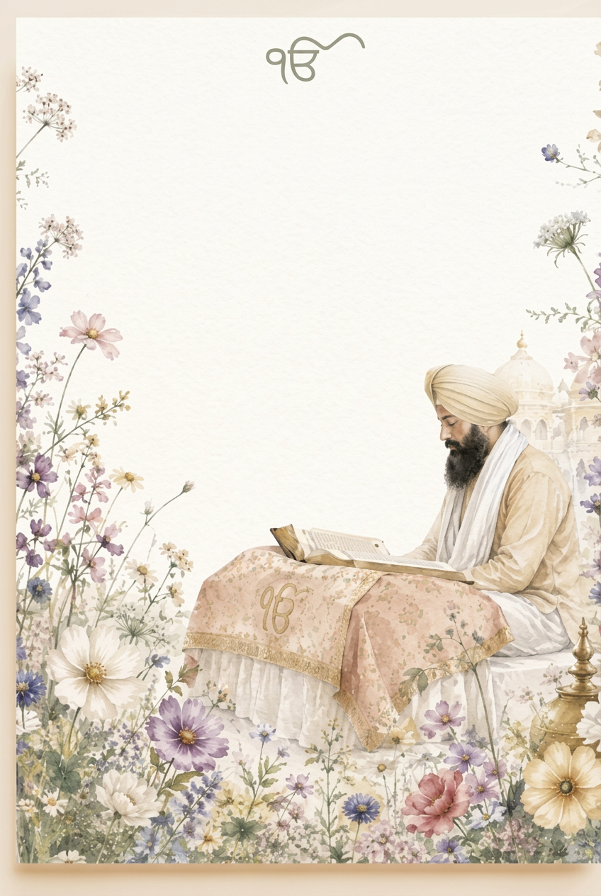 Watercolor flowers surrounding a Sikh granthi reading from the holy scripture