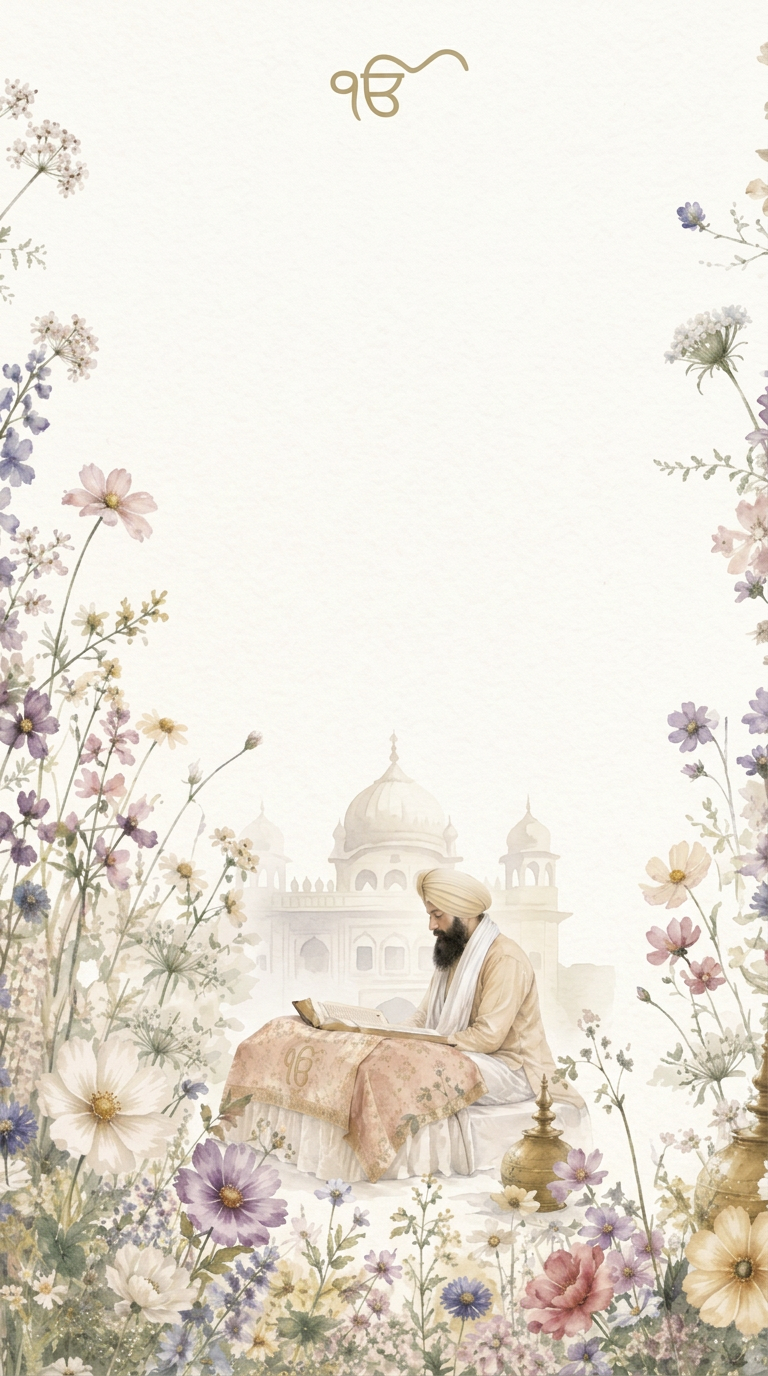 Watercolor flowers surrounding a Sikh granthi reading from the holy scripture